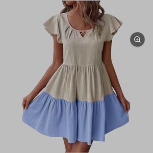 Crew Neck Short Sleeve Cotton Linen Dress Patchwork Color Breathable
